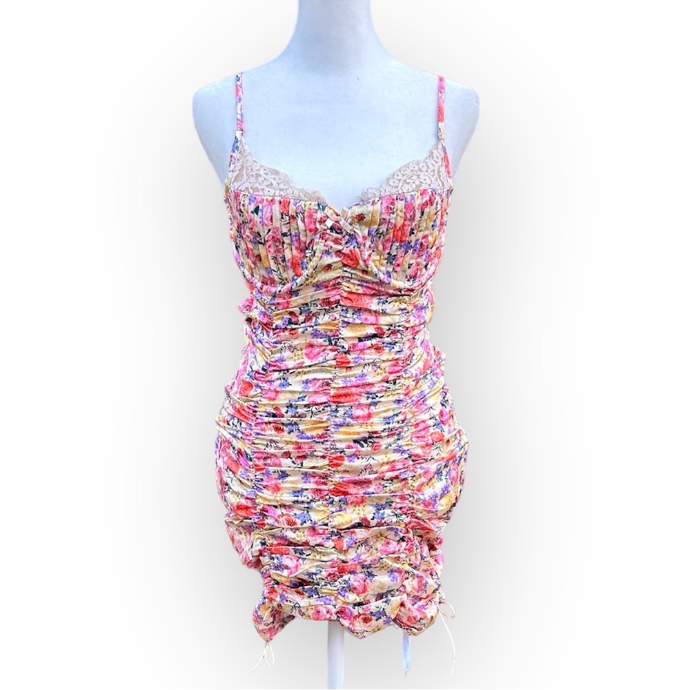 Strangers & Lovers Yellow Floral Satin Ruched Gathered Bodycon Mini Dress Medium